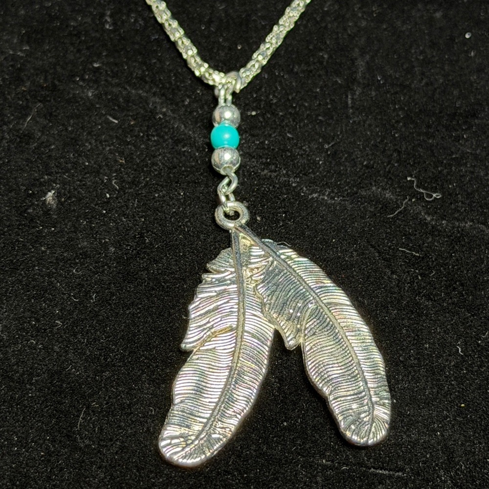 Silver Tone Double Feather, Turquoise Bead Pendant Necklace: 17" Chain